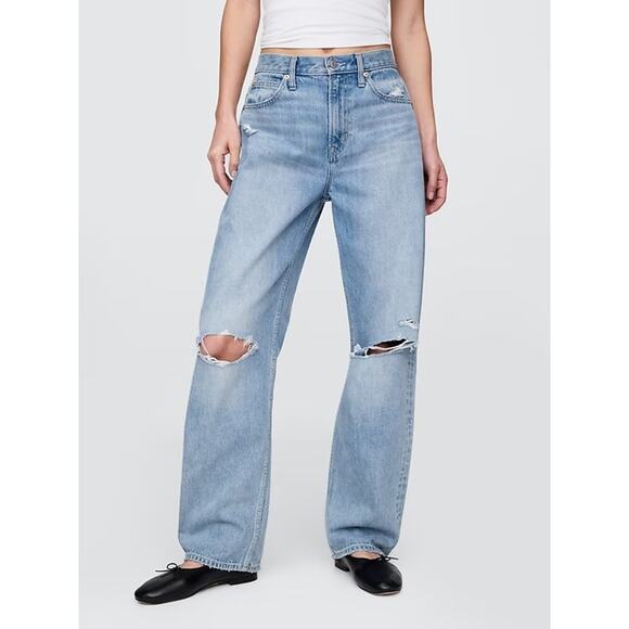 GAP High Rise Distressed Busted Knees Barrel Jeans Light Indigo Blue 28 / 6 - Picture 1 of 5